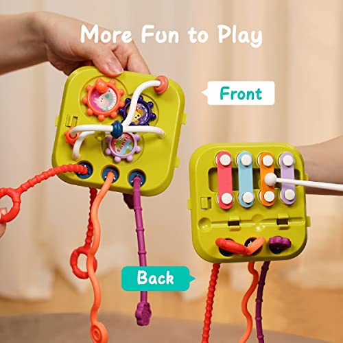 AM ANNA Baby Shape Sorting Toy, Montessori Sensory Activity Colorful Cube,7 in 1 Multifunction Educational Toys with Sensory Sorting Bin with Elastic Bands,Stacking Blocks for Ages 12 Months+