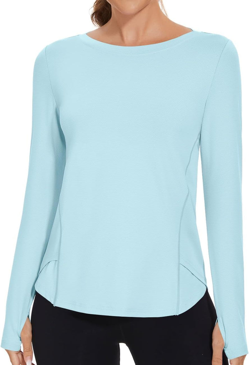 Rapbin Women's UPF 50+ Sun Protection T-Shirts Long Sleeve Boat Neck Workout Lightweight Quick Dry Top with Thumb Hole