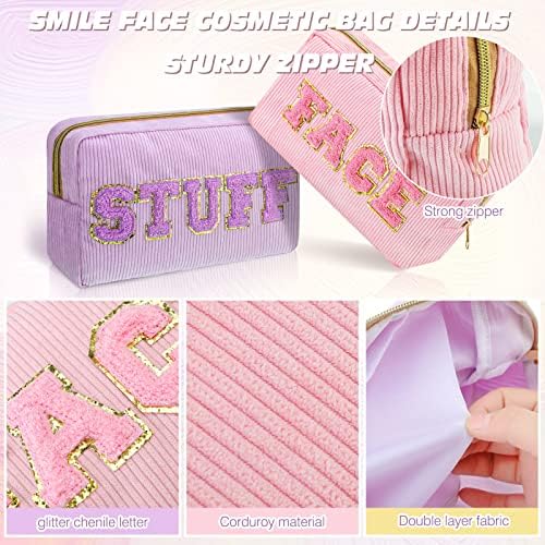 Pinkunn 4 Pcs Preppy Makeup Bags Christmas Chenille Letter Bag Face Skin Hair Stuff Cosmetic Bag Corduroy Makeup Pouch with Zipper Birthday Gifts for Women(Purple, Pink, White, Blue,Corduroy)