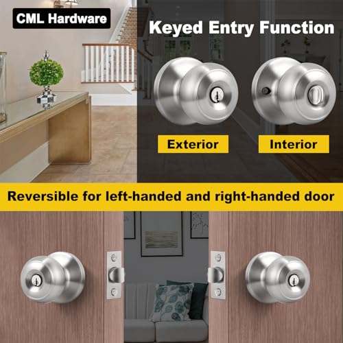 CML Hardware Keyed Entry Door Knob Set, Entrance Door Lock in Solid Stainless Steel for Exterior and Interior, Round Ball Handle, 1 Pack