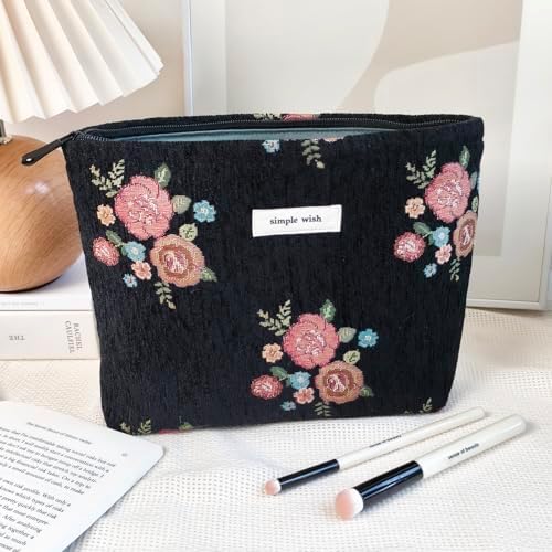 STARDW Flower Cosmetic Bags Makeup Bags for Women and Girls,Travel Makeup Bag Large Capacity Canvas Makeup Bag,Makeup Organizer Bag Zipper Pouch, Embossed pink, Large Capacity Aesthetic Makeup Bags