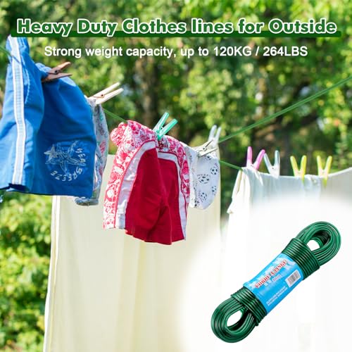 Yimomoyi Washing Line Extra Strong with 4 mm Steel Insert, 30 m Clothesline, Stretch-Free and Weather-Resistant, Green Plastic Coating, Ideal for Garden and Camping, Capacity 120 kg (Green)