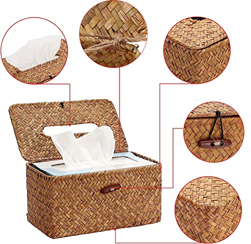 Angju Rectangular Rustic Seagrass Wicker Tissue Box Cover, Natural/Earthy Tone Facial Tissue Holder for Bathroom Vanity Toilet Dresser Table Countertop Office Car