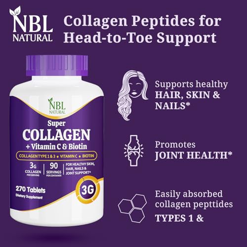 NBL Natural Super Collagen Tablets â€“ 270 Tablets â€“ Collagen Type 1 & 3 with Vitamin C & Biotin â€“ 3g Per Serving â€“ Supports Hair, Skin, Nails & Joint Health â€“ 90 Servings