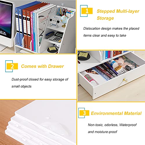 BlayaAdd Desk Organizer with Pen Holder, DIY White Office Stationery Desktop Storage Holder Sorter with Drawer for Home, Office and School (PB04)