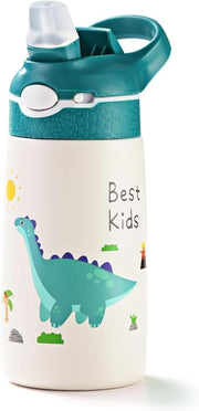 Stainless Steel Water Bottle for Kid with Straw, 13.5 oz Leakproof Insulated Water Bottle, Double Wall Keep Hot Cold Drinks Thermos Bottle with Handle for School Boys and Girls,BPA-Free(Dinosaur) - Green Dinosaur