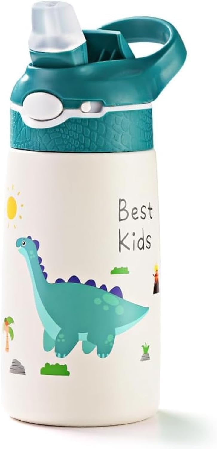 Stainless Steel Water Bottle for Kid with Straw, 13.5 oz Leakproof Insulated Water Bottle, Double Wall Keep Hot Cold Drinks Thermos Bottle with Handle for School Boys and Girls,BPA-Free(Dinosaur) - Green Dinosaur