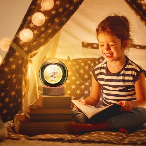 EETU Crystal Glass Ball Night Light,3D Solar System Nightlight Wooden LED Display Base Stand Home Decor Birthday Gifts Decorations Lamp Funny Table Lamp Warm Light for Kids (Moon)