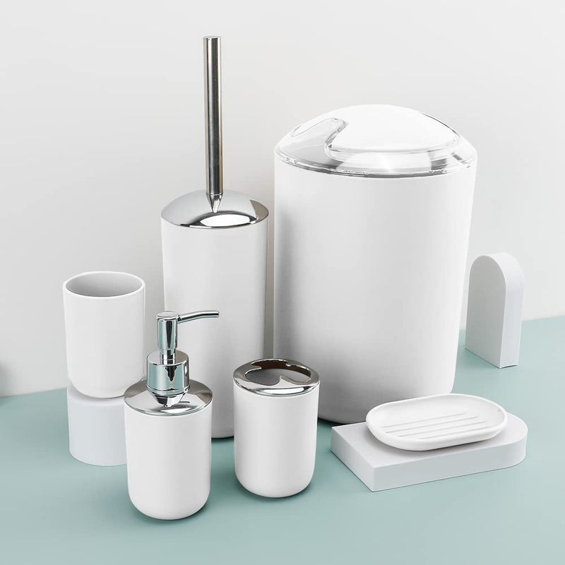 Bathroom Accessories Set Bath Ensemble Includes Soap Dispenser, Toothbrush Holder, Tumbler, Soap Dish for Decorative Countertop and Housewarming Gift (White)