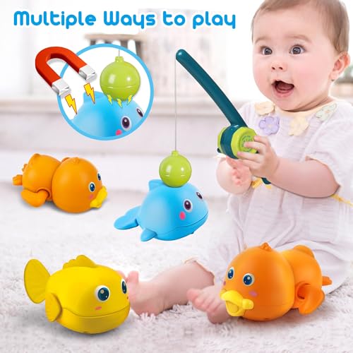 TERRIFI Baby Bath Toys, Magnetic Fishing Games for Kids 1-3 Years Old, Wind Up Swimming Fish, Duck and Whale Floating Water Toys for Infants and Toddlers, Bath Time Shower Gifts