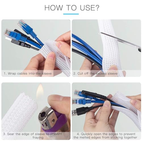 AGPTEK 6.6ft - 2/3 inch White Cable Sleeve Cover, Cord Protector Management Wire Loom Tubing Cable Sleeve Split Sleeving for Desk PC TV Computer Cable Protect Cat from Chewing Cord, White