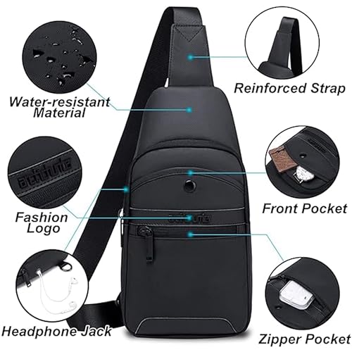 ah arctic hunter Sling bag for Men and Women, Water Resistant Durable small shoulder Daypack with built in Earphone jack and Shock proof Compartments, XB13001 (Black)