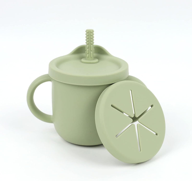 Excefore Toddler Sippy Cup with Lid, Kids Snack Container 2-in-1, Silicone Snack Catcher with Removable Scale, Kids Water Bottle with Straw 8.5 oz (Olive Green)