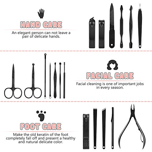 Jubolion Manicure Set, 19pcs Stainless Steel Professional Nail Clippers Pedicure Set with Black Leather Storage Case, Portable Grooming Kit for Travel or Home, Perfect Gifts for Women and Men (Black)