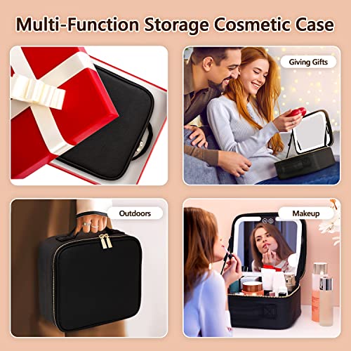 VANMRIOR Travel Makeup Bag with LED Lighted Make up Case with Mirror 3 Color Setting Cosmetic Makeup Box Organizer Vanity Case for Women Beauty Tools Accessories Case Rechargeable, Black, Travel