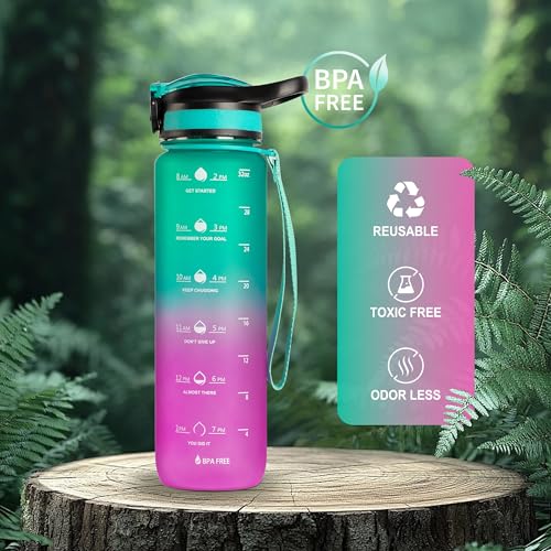 Sport Water Bottle 1L / 32oz with Motivational Time Marker Straw Strainer Tritan Plastic BPA Free Bottles for kids Fitness Gym Office Outdoor School Sports and Exercise Leak Proof (Green & Purple)