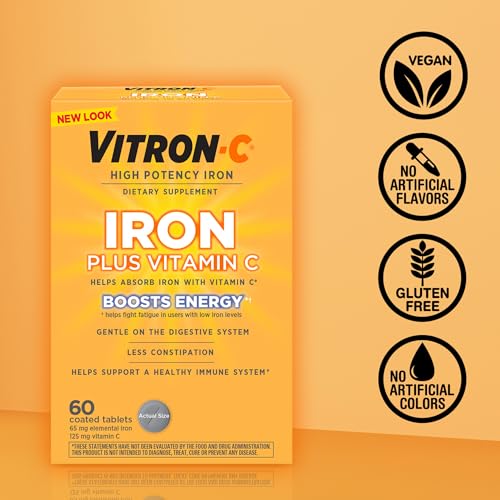 Vitron-C Iron Supplement, Once Daily, High Potency Iron Plus Vitamin C, Dye Free Tablets, 60 Count