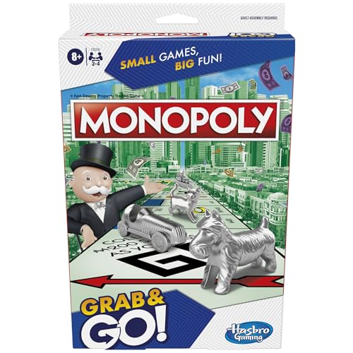Monopoly Grab and Go Game for Kids Ages 8 and Up, Portable Game for 2-4 Players, Travel Game for Kids