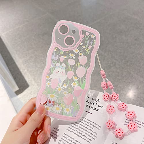 NITITOP Compatible for iPhone 13 Case, Cute Clear Cartoon Floral Rabbit with Heart Beaded Lanyard Wrist Strap for Women Girly, Soft TPU Full Protective Cover- Flower Rabbit