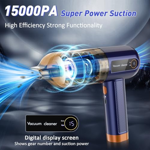 Musclez 4-in-1 Handheld Car Vacuum Cleaner Cordless,15000Pa Portable Car Vacuum Cleaner with LED Display,Rechargeable Mini Dust Buster for Car, Home, Office Cleaning (Blue)