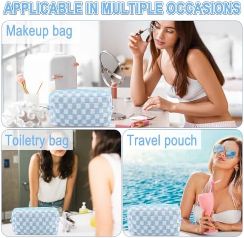 ZLFSRQ 3Pcs Checkered Makeup Bag for Women Large Cosmetic Bag Set Travel Toiletry Bag Makeup Pouch Bag for Purse Pink Zipper Storage Bag Organizer Cute Small Aesthetic Girls Car Essentials Bag