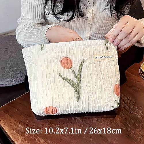 STARDW Flower Cosmetic Bags Makeup Bags for Women and Girls,Travel Makeup Bag Large Capacity Canvas Makeup Bag,Makeup Organizer Bag Zipper Pouch, Embossed pink, Large Capacity Aesthetic Makeup Bags