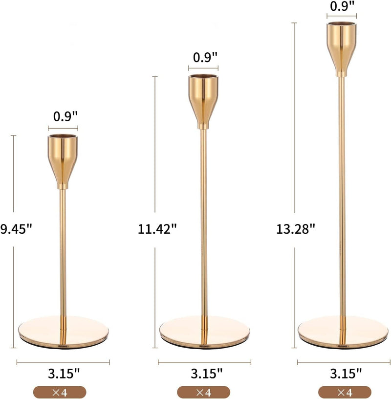 REVHQ Gold Candle Holders,Set of 3 fit for 3/4" Tall Taper Yellow Gold Candlestick&Led Modern Metal Candles, Elegant Stands Decorative Table Centerpieces for Dinning Party Church,Decorative Fitting