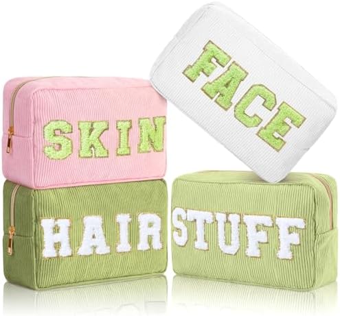 Pinkunn 4 Pcs Preppy Makeup Bags Christmas Chenille Letter Bag Face Skin Hair Stuff Cosmetic Bag Corduroy Makeup Pouch with Zipper Birthday Gifts for Women(Purple, Pink, White, Blue,Corduroy)