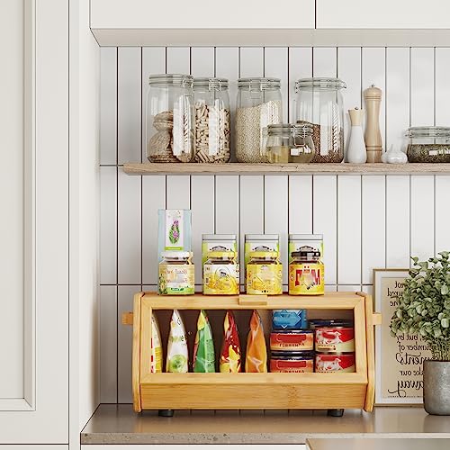 AMBIRD Bamboo Bread Bin - Keep Bread Fresh for Kitchen Counter, Large Capacity Wooden Bread Storage Container, Farmhouse Style Bread Box with Window Bread Holder