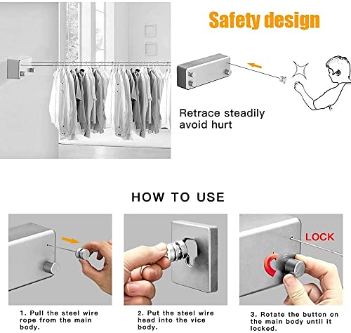 KASTWAVE Retractable Clothesline Double Rope, Indoor & Outdoor Adjustable Stainless Steel Double Rope Wall Mounted Space Saving Clothes Line for Balcony 13.8ft (Silver)