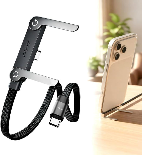 240W Braided Fast Charge Cable with Built-in Phone Stand, 2026 New Foldable Durable USB-C Cord 90 Degree USB C Cable Right Angle Multi-Functional Charger Cord, Type-C to Type-C