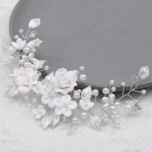 Tazweeq Flower Bride Wedding Hair Vine Pearl Bridal Hair Piece Leaf Hair Accessories Hair Piece for Women and Girls,Flower Pearl Hair Accessories for Birthday Party (9inches,Silver)