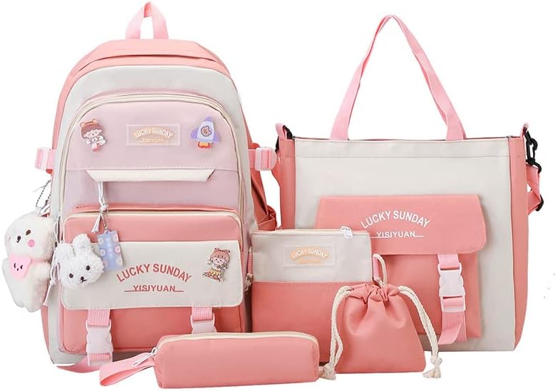 5PCS School Backpack Set for Teen Girls School Bag with Bear Pendant Back to School Backpacks Supplies Students Laptop Bookbag Casual Daypack Gifts for Girls - Pink