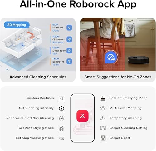 roborock Qrevo S Robot Vacuum and Mop, Self-Drying, Auto Mop Washing, 7000Pa Suction, Self-Emptying & Refilling, 10mm Mop Lifting, 200RPM Spinning Mops, Smart Obstacle Avoidance, Black