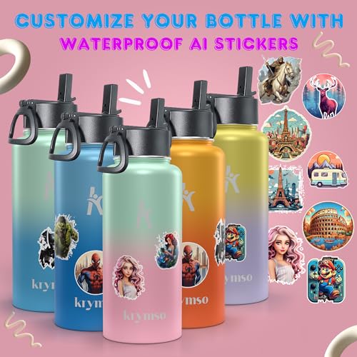 KRYMSO, 500ml Stainless Steel Water Bottle with Ai Stickers for Kids with Straw, Thermos, Insulated Cup, Water 500ml Cotton Candy)