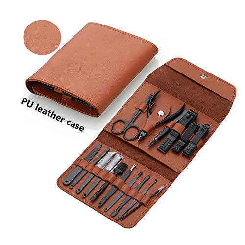 WOWSTAR Manicure Pedicure Set 16 in 1 Stainless Steel Professional Nail Clippers Scissors Grooming Kit Nail Care Tools with Luxurious Case (Brown)