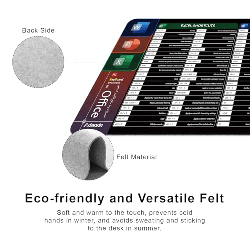 Adando Felt Desk Mat Mousepad: 90x40cm Felt Anti-Slip keyboard and Mouse Pad - Large Desk Pad with Office Shortcuts Pattern for Gaming, Office, Home - Fit for Desk Accessories, PC, Computer, Laptop