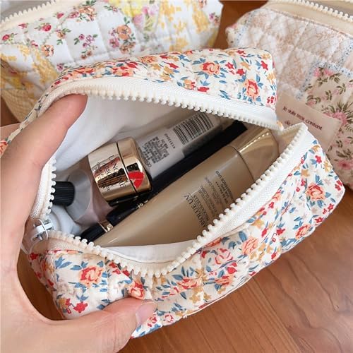 Sminra Floral Makeup Bag Large Cotton Quilted Cosmetic Makeup Bag Organizer, Aesthetic Portable Pouch Purse Toiletry Bag for Women Girls Travel accessories(Blue Floral-L)