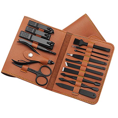 WOWSTAR Manicure Pedicure Set 16 in 1 Stainless Steel Professional Nail Clippers Scissors Grooming Kit Nail Care Tools with Luxurious Case (Brown)