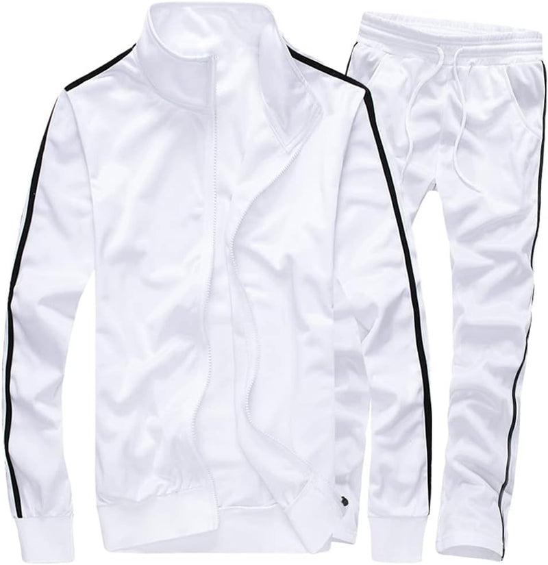 Men's Activewear Full Zip Warm Tracksuit Sports Set Casual Sweat Suit - White