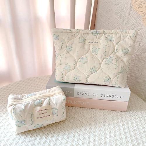 Sminra Floral Makeup Bag Large Cotton Quilted Cosmetic Makeup Bag Organizer, Aesthetic Portable Pouch Purse Toiletry Bag for Women Girls Travel accessories(Blue Floral-L)