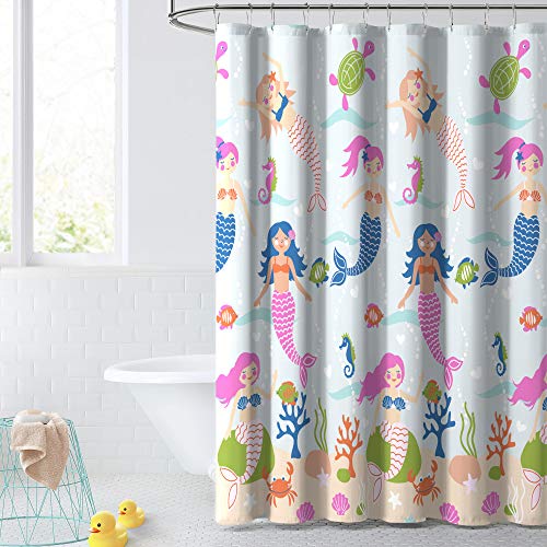 dream FACTORY Kids Fabric Shower Curtain for Bathroom, 72 in x 72 in (W x L), Light Blue Mermaid Dreams
