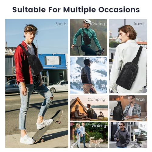 LeeRong Fingerprint Unlock Anti Theft Proof Crossbody Bag Men for Travel Genuine Leather Purse Waterproof Large Sling Bag for Men Multi-pocket Black Backpack