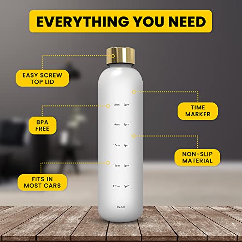 Premvio™ Premium Tritan Bottle Water Bottle With Time Markers - Motivational Water Bottle Leak Proof - BPA Free - Gym, Sports, Outdoors 32oz, Clear white