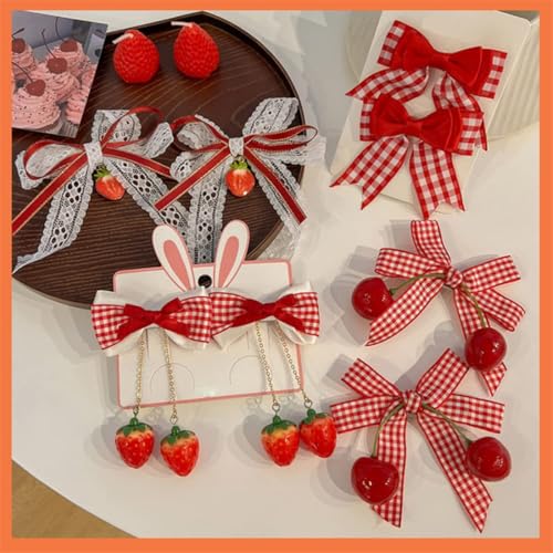 KWSLIN 10 Pack Cherry Strawberry Bow Hair Clip, Cute Red Alligator Clips Bow Bow Hairpin Ponytail Hair Accessories Fruit Hair Barrettes for Kid Teen Girls Women, 5 Style