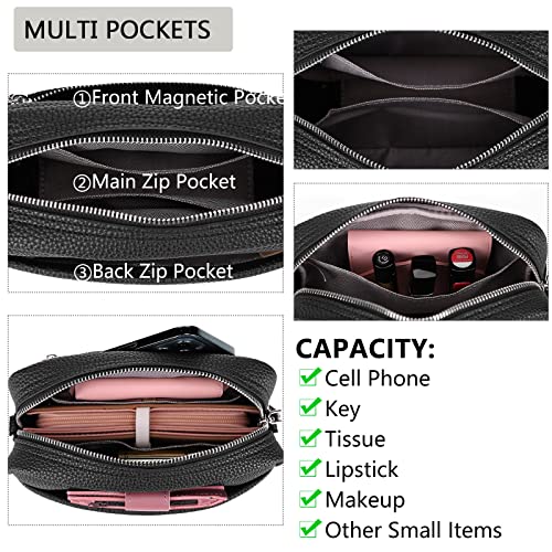 Efilra Crossbody Bag for Women, Small Leather Camera Purse Thick Strap Cross-body Bags, Triple Zip Shoulder Bag with Guitar Strap, B-black, Camera Crossbody Bag