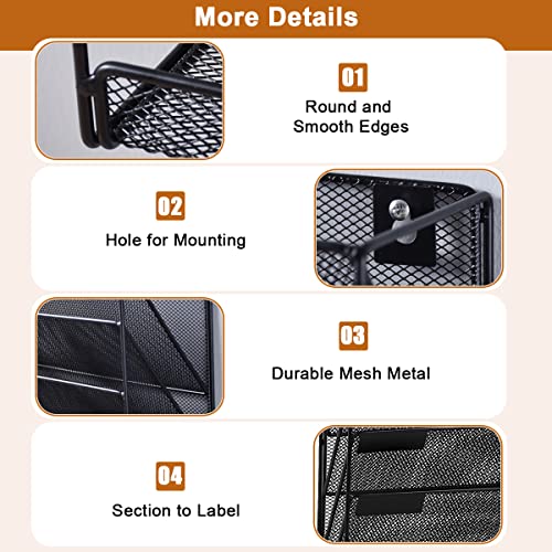 Wall File Organizer 5 Tier Metal Mesh Wall File Holder, Vertical Magazine Rack with Bottom Flat Tray Pockets Nametag Label, Office Hanging Folder Paper Document Storage Mail Sorter Bin for Home School