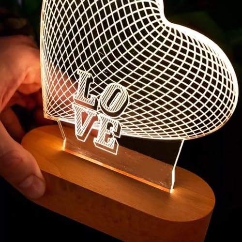 AMERTEER 3D Night Light - Romantic Heart Shape Illusion Lamp, USB Powered Acrylic LED Visual Love Gift with Wooden Base, Perfect for Valentine's Day, Wedding Anniversary & Bedroom Décor