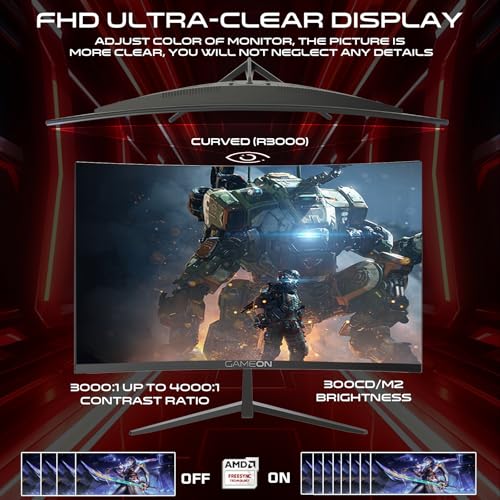 GAMEON GOC27F180VA Pro Series Curved Gaming Monitor 27 inch, 1920x1080p FHD Fast VA Panel, 180Hz, 0.5ms, HDMI 2.1, G-Sync & Freesync, Crosshair assistant, Built-in Speakers, Supports HDR, PS5, VRR