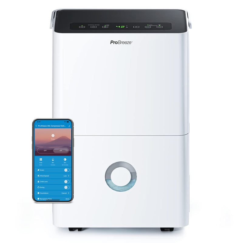 Pro Breeze 30L/Day Dehumidifier - Smart Compressor Dehumidifier with App, Wi-Fi, Continuous Drainage, 4L Water Tank, 24h Timer & Child Lock- Mould Remover & Moisture Absorber for Home & Bathroom